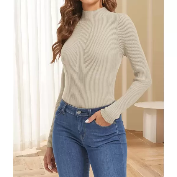 imageATHMILE Womens 2024 Fall Long Sleeve Pullover Ribbed Knit Sweater Low Mock Neck Slim Fit Basic Casual Tee TopsAlmond