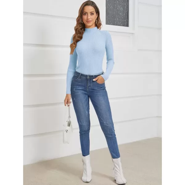 imageATHMILE Womens 2024 Fall Long Sleeve Pullover Ribbed Knit Sweater Low Mock Neck Slim Fit Basic Casual Tee TopsSky Blue
