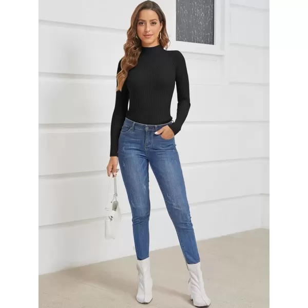 imageATHMILE Womens 2024 Fall Long Sleeve Pullover Ribbed Knit Sweater Low Mock Neck Slim Fit Basic Casual Tee TopsBlack