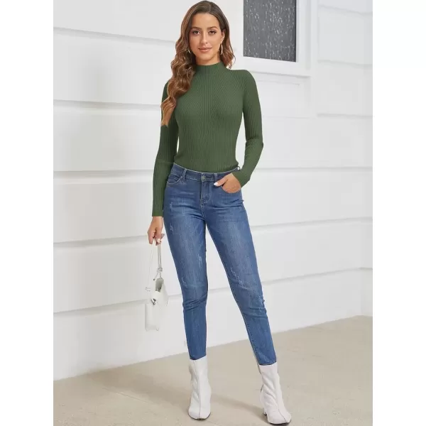imageATHMILE Womens 2024 Fall Long Sleeve Pullover Ribbed Knit Sweater Low Mock Neck Slim Fit Basic Casual Tee TopsArmy Green