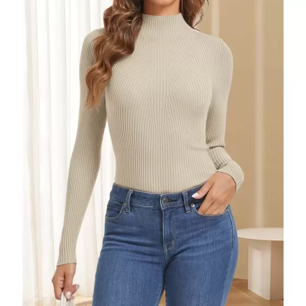 imageATHMILE Womens 2024 Fall Long Sleeve Pullover Ribbed Knit Sweater Low Mock Neck Slim Fit Basic Casual Tee TopsAlmond