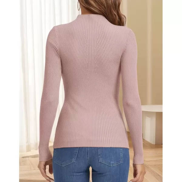 imageATHMILE Womens 2024 Fall Long Sleeve Pullover Ribbed Knit Sweater Low Mock Neck Slim Fit Basic Casual Tee TopsPink