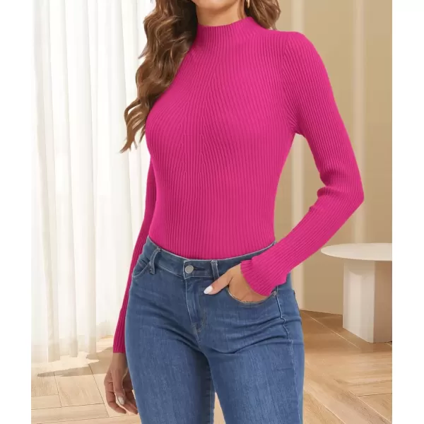 imageATHMILE Womens 2024 Fall Long Sleeve Pullover Ribbed Knit Sweater Low Mock Neck Slim Fit Basic Casual Tee TopsRose Red