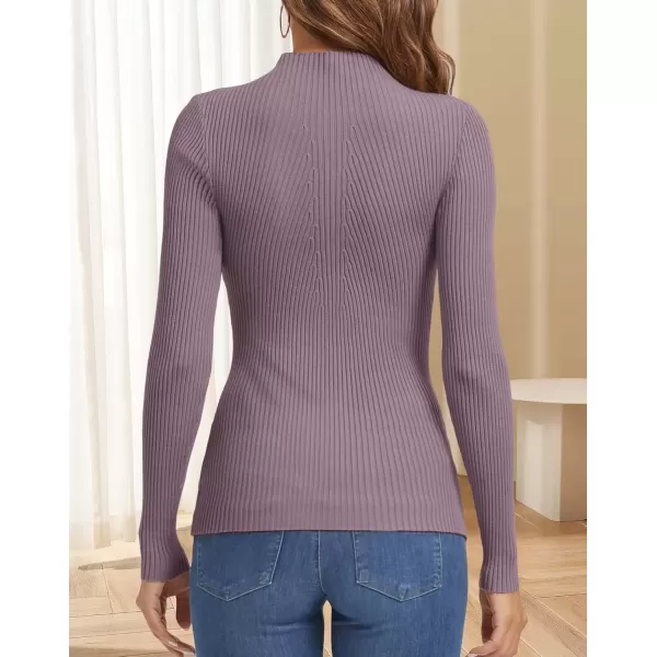 imageATHMILE Womens 2024 Fall Long Sleeve Pullover Ribbed Knit Sweater Low Mock Neck Slim Fit Basic Casual Tee TopsGray Purple
