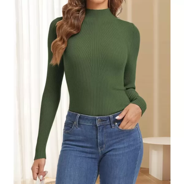 imageATHMILE Womens 2024 Fall Long Sleeve Pullover Ribbed Knit Sweater Low Mock Neck Slim Fit Basic Casual Tee TopsArmy Green