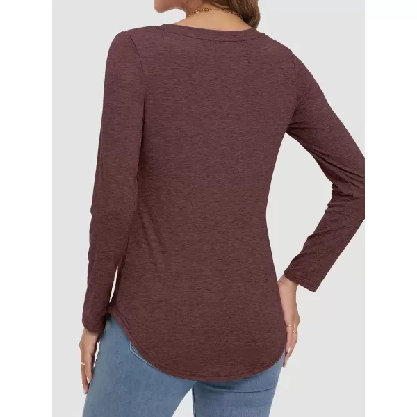 imageATHMILE Womens 2024 Fall Long Sleeve Shirts Basic Apparel Shirts Trendy V Neck Tshirt for Women Curved Hem TopsWine Red