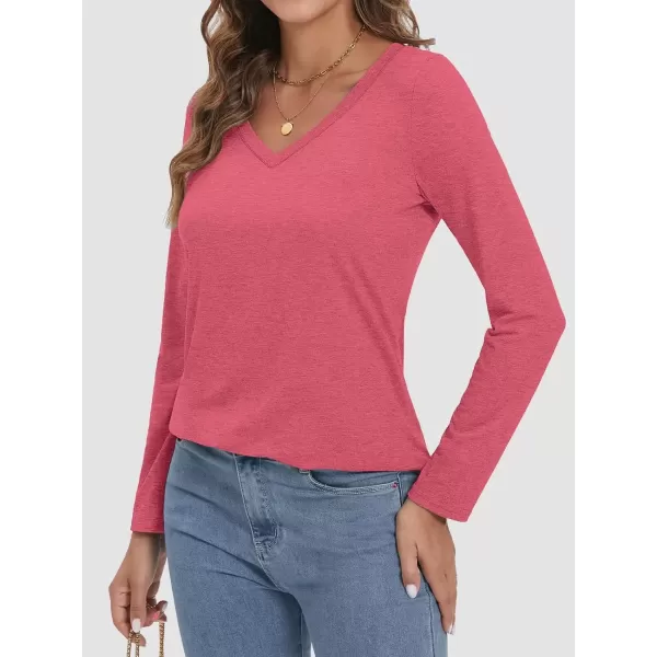 imageATHMILE Womens 2024 Fall Long Sleeve Shirts Basic Apparel Shirts Trendy V Neck Tshirt for Women Curved Hem TopsHot Pink