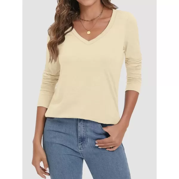 imageATHMILE Womens 2024 Fall Long Sleeve Shirts Basic Apparel Shirts Trendy V Neck Tshirt for Women Curved Hem TopsCream