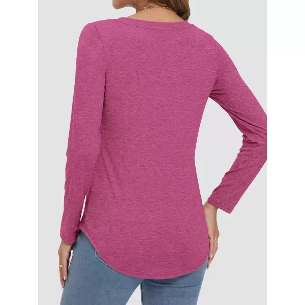imageATHMILE Womens 2024 Fall Long Sleeve Shirts Basic Apparel Shirts Trendy V Neck Tshirt for Women Curved Hem TopsRose Red
