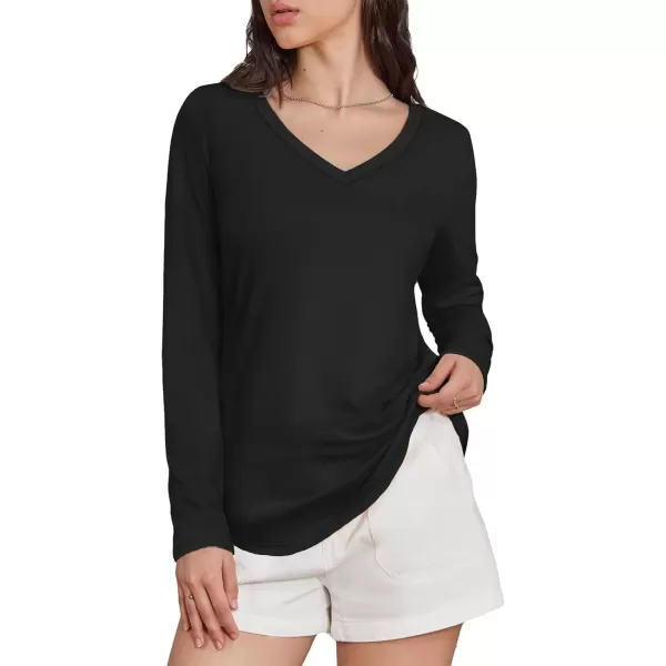 imageATHMILE Womens 2024 Fall Long Sleeve Shirts Basic Apparel Shirts Trendy V Neck Tshirt for Women Curved Hem TopsBlack