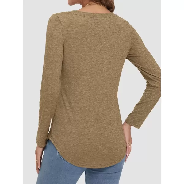 imageATHMILE Womens 2024 Fall Long Sleeve Shirts Basic Apparel Shirts Trendy V Neck Tshirt for Women Curved Hem TopsCoffee