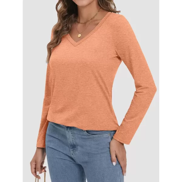 imageATHMILE Womens 2024 Fall Long Sleeve Shirts Basic Apparel Shirts Trendy V Neck Tshirt for Women Curved Hem TopsLight Orange