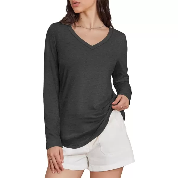 imageATHMILE Womens 2024 Fall Long Sleeve Shirts Basic Apparel Shirts Trendy V Neck Tshirt for Women Curved Hem TopsBlack Grey