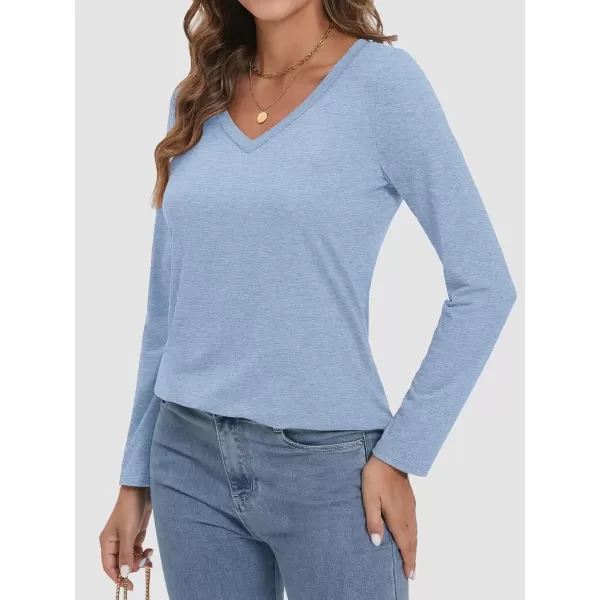imageATHMILE Womens 2024 Fall Long Sleeve Shirts Basic Apparel Shirts Trendy V Neck Tshirt for Women Curved Hem TopsIce Blue
