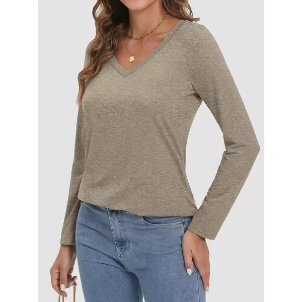 imageATHMILE Womens 2024 Fall Long Sleeve Shirts Basic Apparel Shirts Trendy V Neck Tshirt for Women Curved Hem TopsKhaki