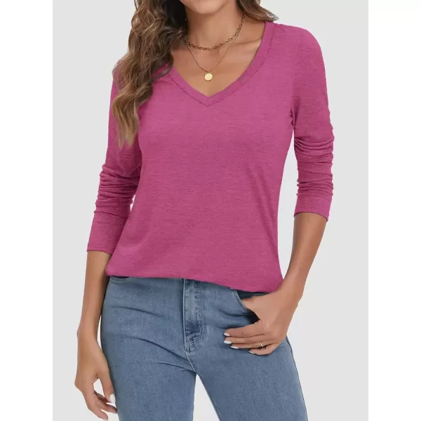 imageATHMILE Womens 2024 Fall Long Sleeve Shirts Basic Apparel Shirts Trendy V Neck Tshirt for Women Curved Hem TopsRose Red