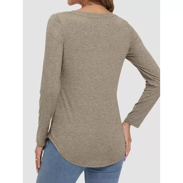 imageATHMILE Womens 2024 Fall Long Sleeve Shirts Basic Apparel Shirts Trendy V Neck Tshirt for Women Curved Hem TopsKhaki