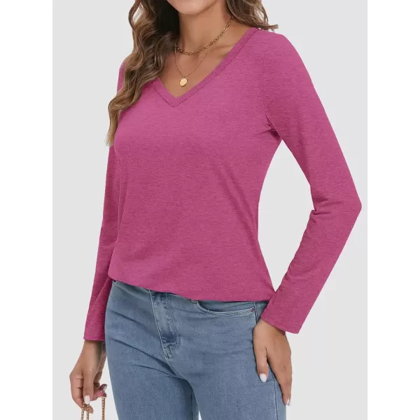 imageATHMILE Womens 2024 Fall Long Sleeve Shirts Basic Apparel Shirts Trendy V Neck Tshirt for Women Curved Hem TopsRose Red