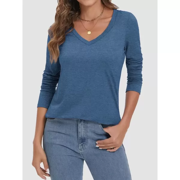 imageATHMILE Womens 2024 Fall Long Sleeve Shirts Basic Apparel Shirts Trendy V Neck Tshirt for Women Curved Hem TopsBlue