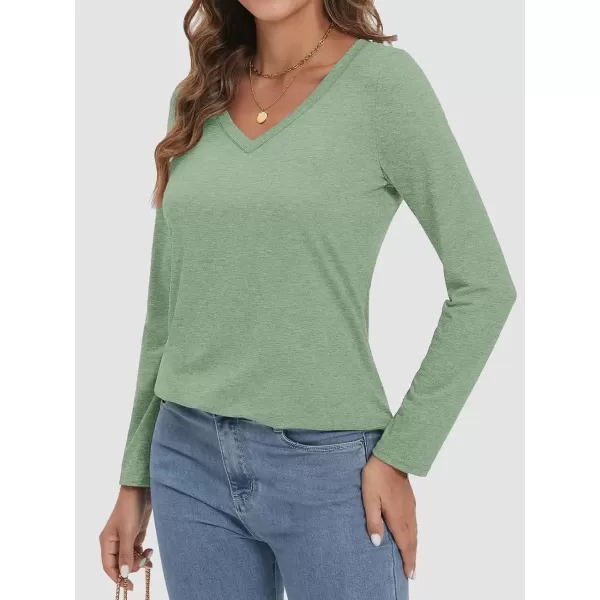 imageATHMILE Womens 2024 Fall Long Sleeve Shirts Basic Apparel Shirts Trendy V Neck Tshirt for Women Curved Hem TopsLight Green