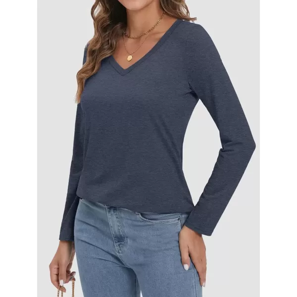 imageATHMILE Womens 2024 Fall Long Sleeve Shirts Basic Apparel Shirts Trendy V Neck Tshirt for Women Curved Hem TopsDark Blue