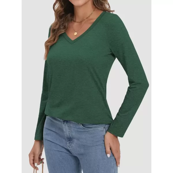 imageATHMILE Womens 2024 Fall Long Sleeve Shirts Basic Apparel Shirts Trendy V Neck Tshirt for Women Curved Hem TopsDark Green