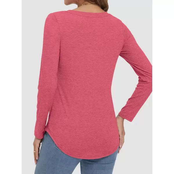 imageATHMILE Womens 2024 Fall Long Sleeve Shirts Basic Apparel Shirts Trendy V Neck Tshirt for Women Curved Hem TopsHot Pink