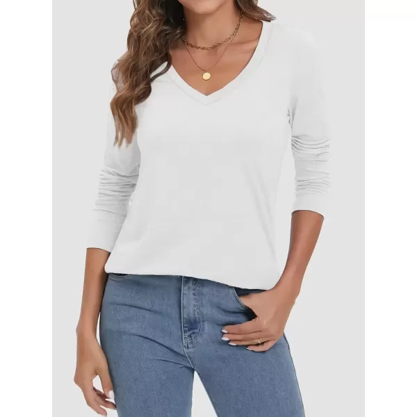 imageATHMILE Womens 2024 Fall Long Sleeve Shirts Basic Apparel Shirts Trendy V Neck Tshirt for Women Curved Hem TopsWhite