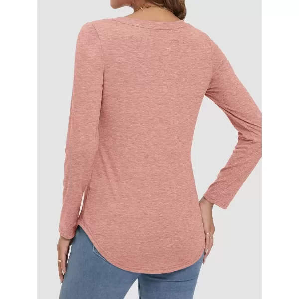 imageATHMILE Womens 2024 Fall Long Sleeve Shirts Basic Apparel Shirts Trendy V Neck Tshirt for Women Curved Hem TopsPink