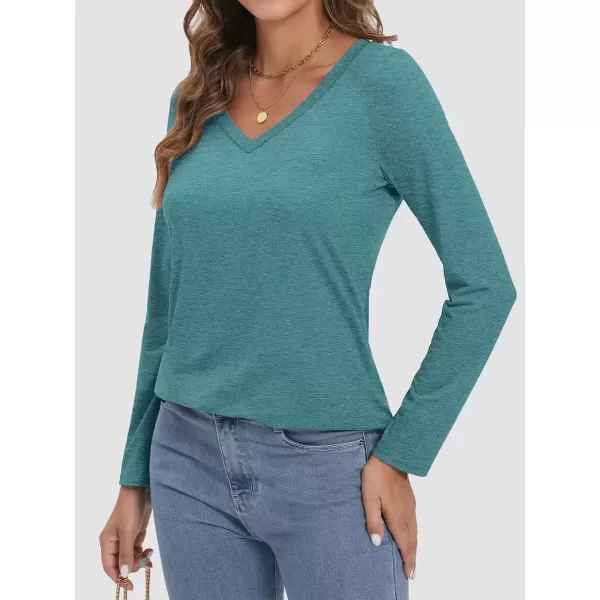 imageATHMILE Womens 2024 Fall Long Sleeve Shirts Basic Apparel Shirts Trendy V Neck Tshirt for Women Curved Hem TopsBlue Green