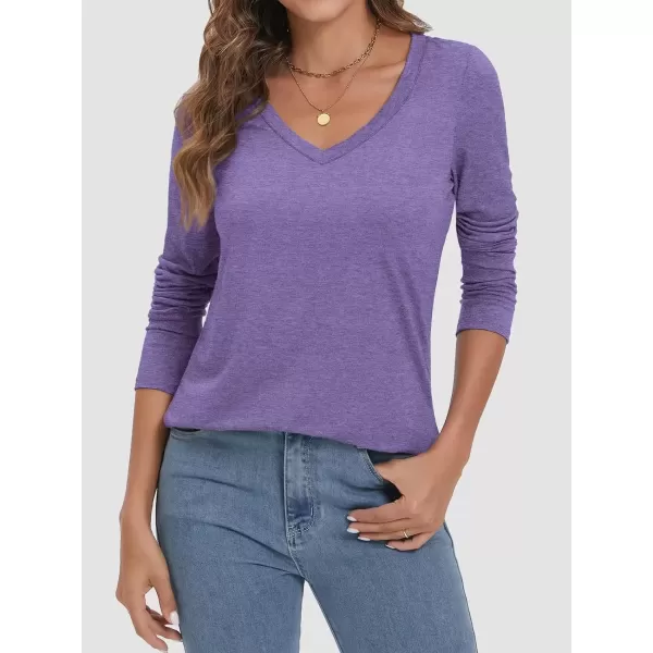 imageATHMILE Womens 2024 Fall Long Sleeve Shirts Basic Apparel Shirts Trendy V Neck Tshirt for Women Curved Hem TopsPurple