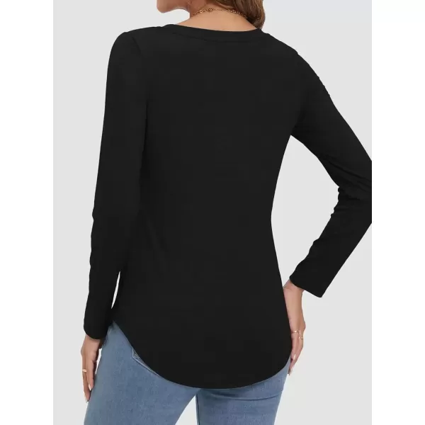 imageATHMILE Womens 2024 Fall Long Sleeve Shirts Basic Apparel Shirts Trendy V Neck Tshirt for Women Curved Hem TopsBlack