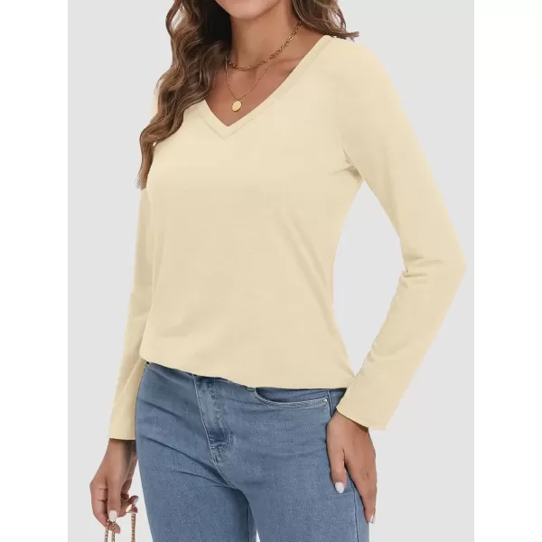 imageATHMILE Womens 2024 Fall Long Sleeve Shirts Basic Apparel Shirts Trendy V Neck Tshirt for Women Curved Hem TopsCream