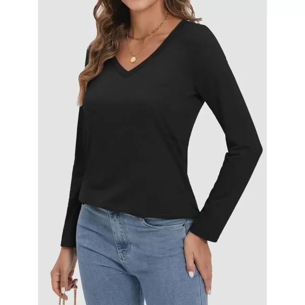 imageATHMILE Womens 2024 Fall Long Sleeve Shirts Basic Apparel Shirts Trendy V Neck Tshirt for Women Curved Hem TopsBlack