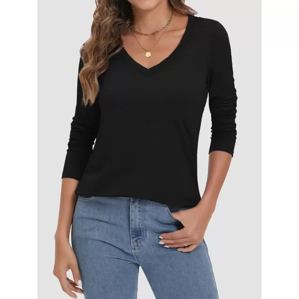 imageATHMILE Womens 2024 Fall Long Sleeve Shirts Basic Apparel Shirts Trendy V Neck Tshirt for Women Curved Hem TopsBlack