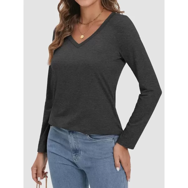imageATHMILE Womens 2024 Fall Long Sleeve Shirts Basic Apparel Shirts Trendy V Neck Tshirt for Women Curved Hem TopsBlack Grey