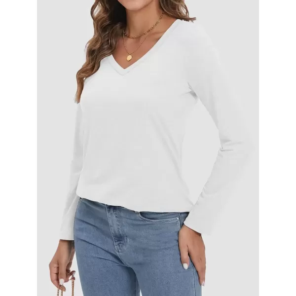 imageATHMILE Womens 2024 Fall Long Sleeve Shirts Basic Apparel Shirts Trendy V Neck Tshirt for Women Curved Hem TopsWhite