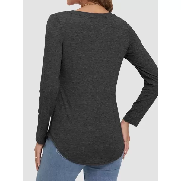 imageATHMILE Womens 2024 Fall Long Sleeve Shirts Basic Apparel Shirts Trendy V Neck Tshirt for Women Curved Hem TopsBlack Grey