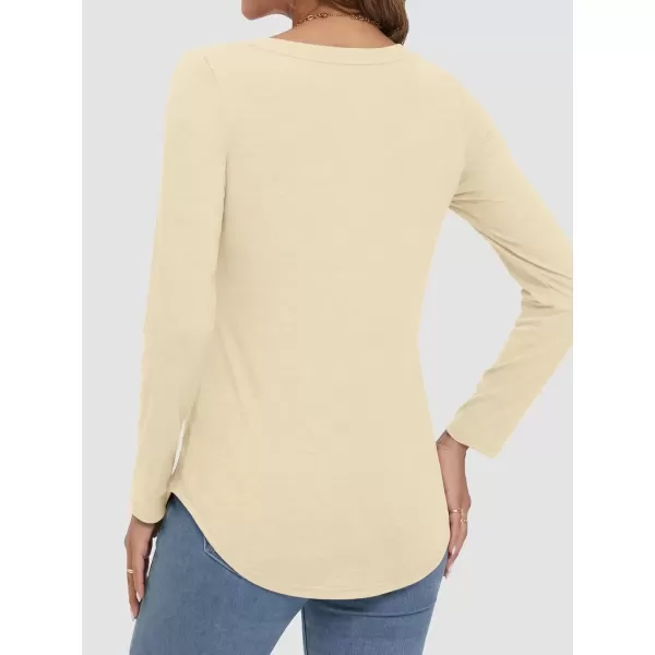 imageATHMILE Womens 2024 Fall Long Sleeve Shirts Basic Apparel Shirts Trendy V Neck Tshirt for Women Curved Hem TopsCream