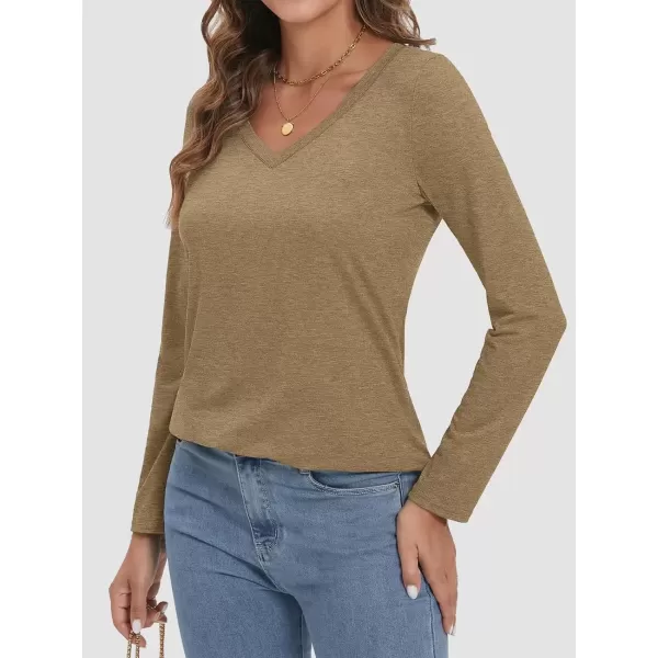 imageATHMILE Womens 2024 Fall Long Sleeve Shirts Basic Apparel Shirts Trendy V Neck Tshirt for Women Curved Hem TopsCoffee