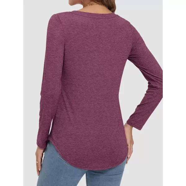 imageATHMILE Womens 2024 Fall Long Sleeve Shirts Basic Apparel Shirts Trendy V Neck Tshirt for Women Curved Hem TopsPurple Red