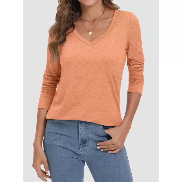 imageATHMILE Womens 2024 Fall Long Sleeve Shirts Basic Apparel Shirts Trendy V Neck Tshirt for Women Curved Hem TopsLight Orange