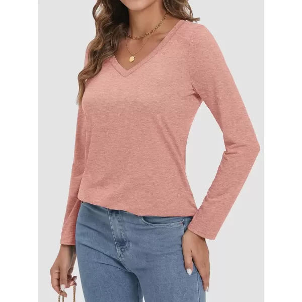 imageATHMILE Womens 2024 Fall Long Sleeve Shirts Basic Apparel Shirts Trendy V Neck Tshirt for Women Curved Hem TopsPink