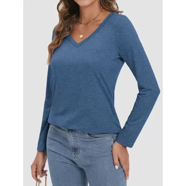 imageATHMILE Womens 2024 Fall Long Sleeve Shirts Basic Apparel Shirts Trendy V Neck Tshirt for Women Curved Hem TopsBlue