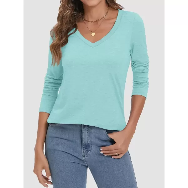 imageATHMILE Womens 2024 Fall Long Sleeve Shirts Basic Apparel Shirts Trendy V Neck Tshirt for Women Curved Hem TopsLake Green