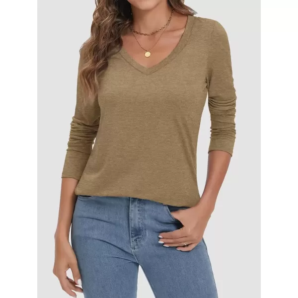 imageATHMILE Womens 2024 Fall Long Sleeve Shirts Basic Apparel Shirts Trendy V Neck Tshirt for Women Curved Hem TopsCoffee