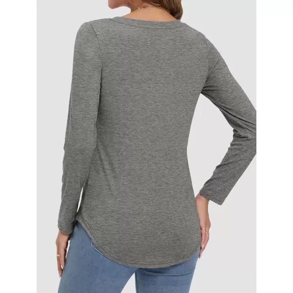 imageATHMILE Womens 2024 Fall Long Sleeve Shirts Basic Apparel Shirts Trendy V Neck Tshirt for Women Curved Hem TopsGrey