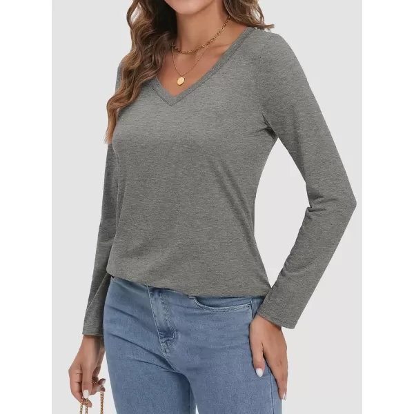 imageATHMILE Womens 2024 Fall Long Sleeve Shirts Basic Apparel Shirts Trendy V Neck Tshirt for Women Curved Hem TopsGrey