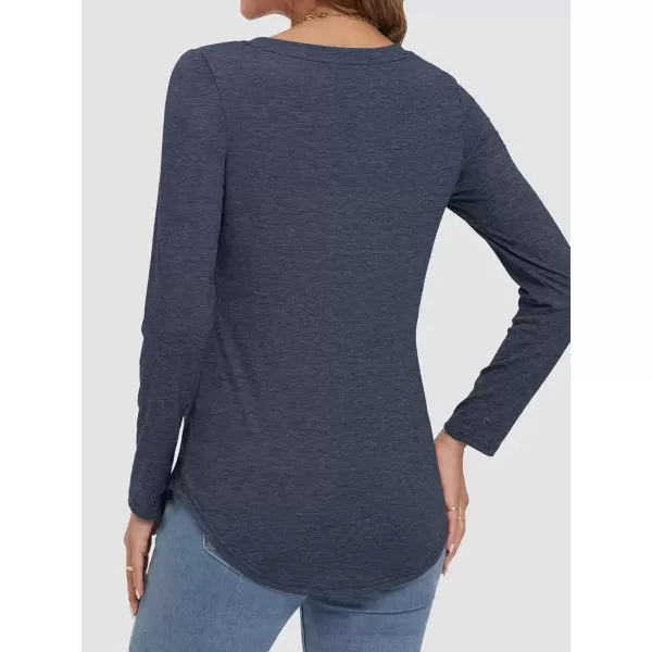 imageATHMILE Womens 2024 Fall Long Sleeve Shirts Basic Apparel Shirts Trendy V Neck Tshirt for Women Curved Hem TopsDark Blue