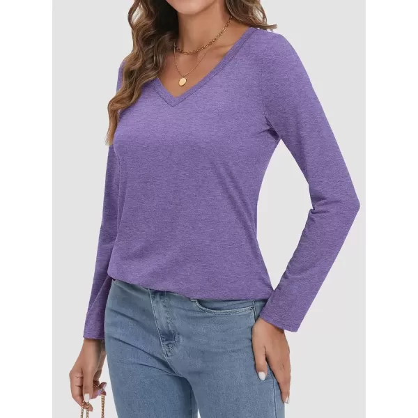 imageATHMILE Womens 2024 Fall Long Sleeve Shirts Basic Apparel Shirts Trendy V Neck Tshirt for Women Curved Hem TopsPurple